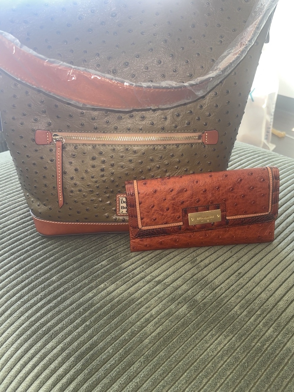 Dooney & Bourke Brown Ostrich-Embossed Tote with Rust Wallet